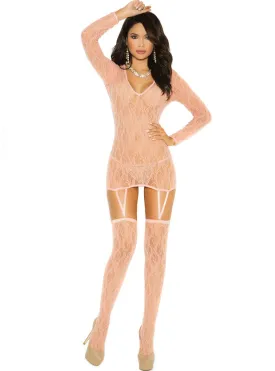 Sheer Light Pink Lace Womens Dress and Stockings Set