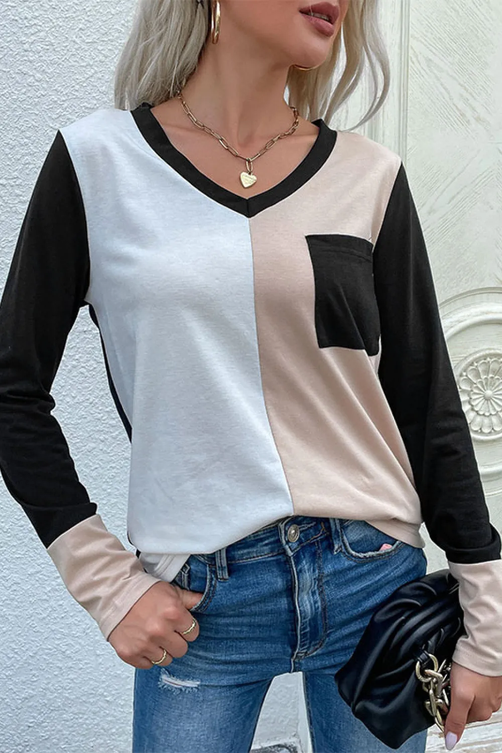 Spliced Long Sleeve Tee with Pocket