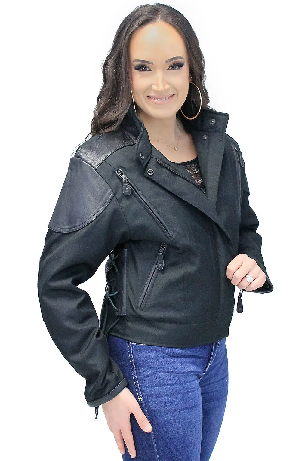 Textile and Genuine Leather Vented Jacket for Women #L2266VZ ()